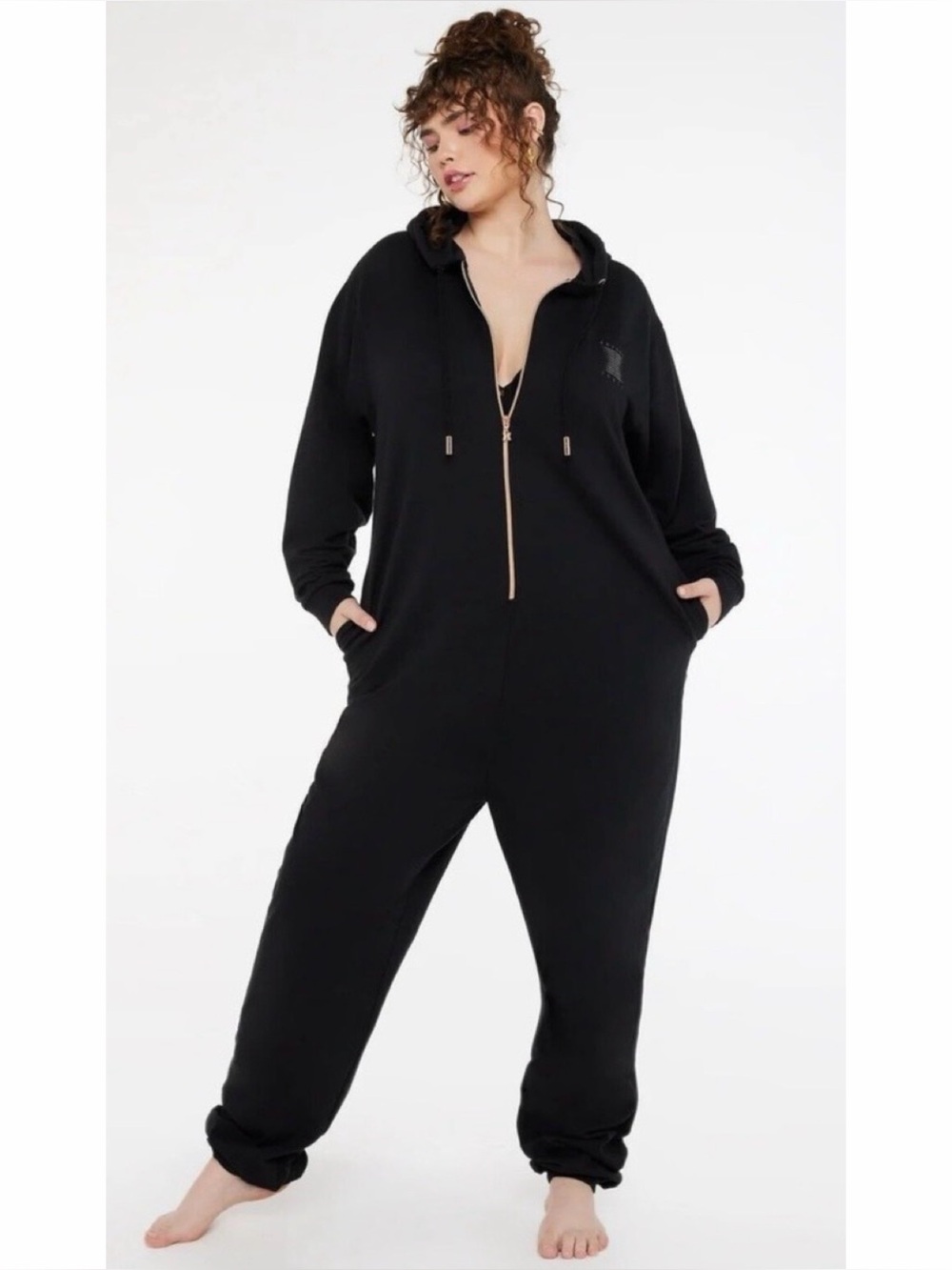 SAVAGE X FENTY • Black Caviar Zip-Front Unisex Hooded Onesie Jumpsuit, L